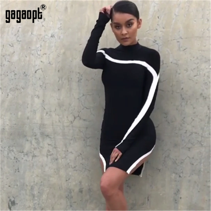 Gagaopt 2018 облегающее платье с длинным рукавом женское в полоску Боковым Разрезом