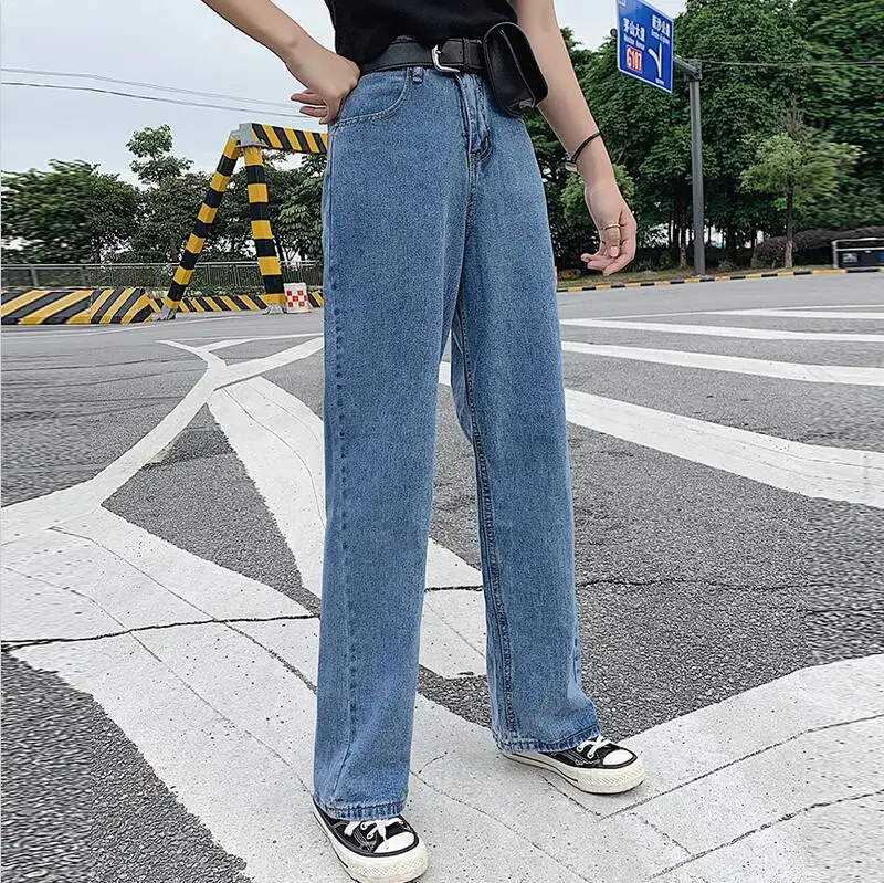 Women Denim Jeans Wide-leg Pants Straight Loose Zipper Casual High Waist Long Jeans White Blue Autumn Female Jeans S-XL - Color: Dark blue