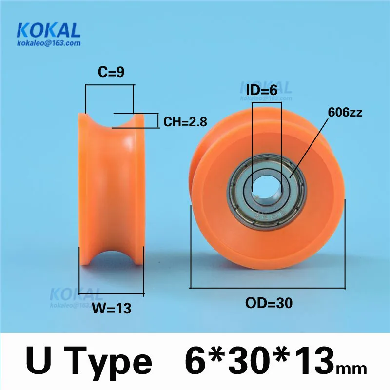 

[U0630-13]10PCS high quality 606zz ball bearing coated window door roller wheel U groove type sliding pulley 0630UU 6*30*13mm