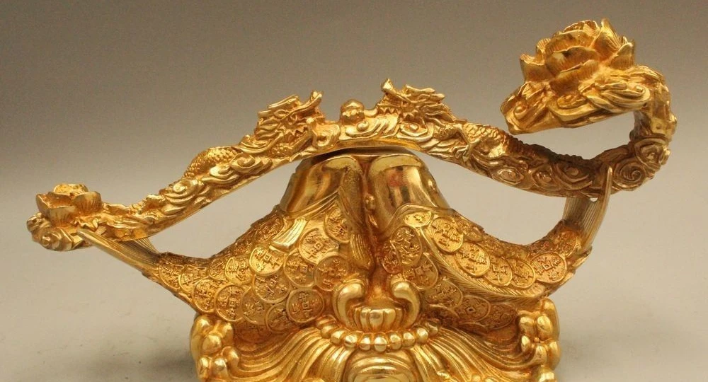 

10" Chinese fengshui Brass Money Wealth Year Fish With Dragon RuyI Statue Set