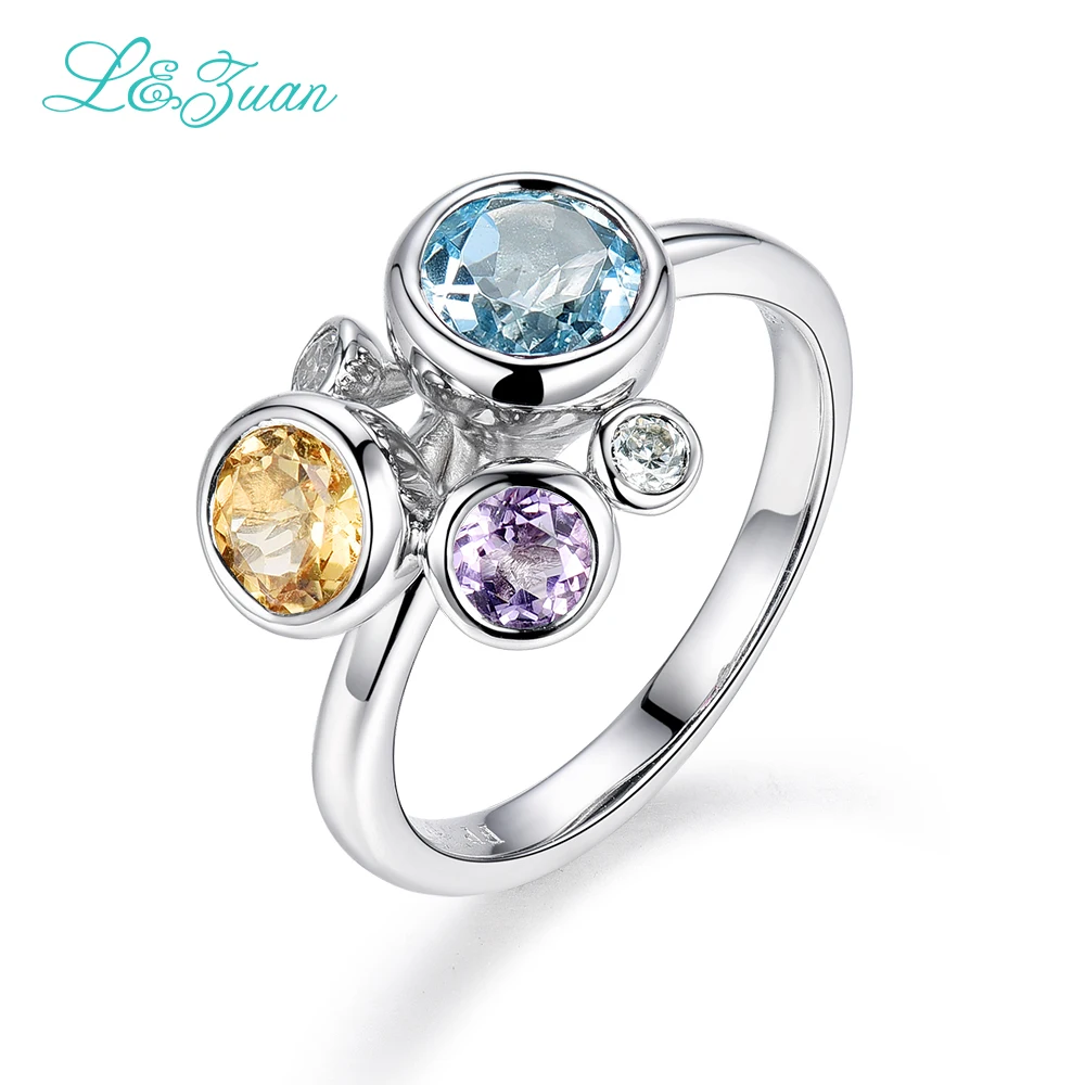 

l&zuan S925 Silver Topaz Womens Rings 0.82ct Round Trendy 3 Gemstones Natural Stone Prong Setting Fine Jewelry Party Gift