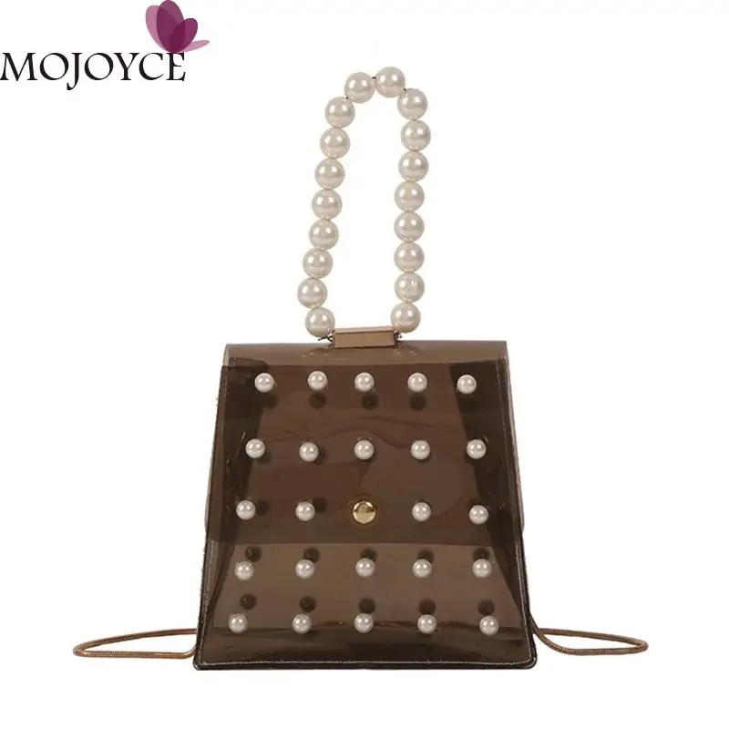 

Ladies Fashion Chain Pearls Clear Girls Shoulder Messenger Handbags PVC Transparent Women Casual Small Crossbody Top-handle Bags
