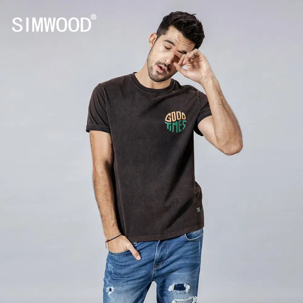 

SIMWOOD 2019 Summer New T-Shirt Men Vintage Washed 100% Cotton Tshirt Letter Print Fashion High Quality Plus Size Tops 190132