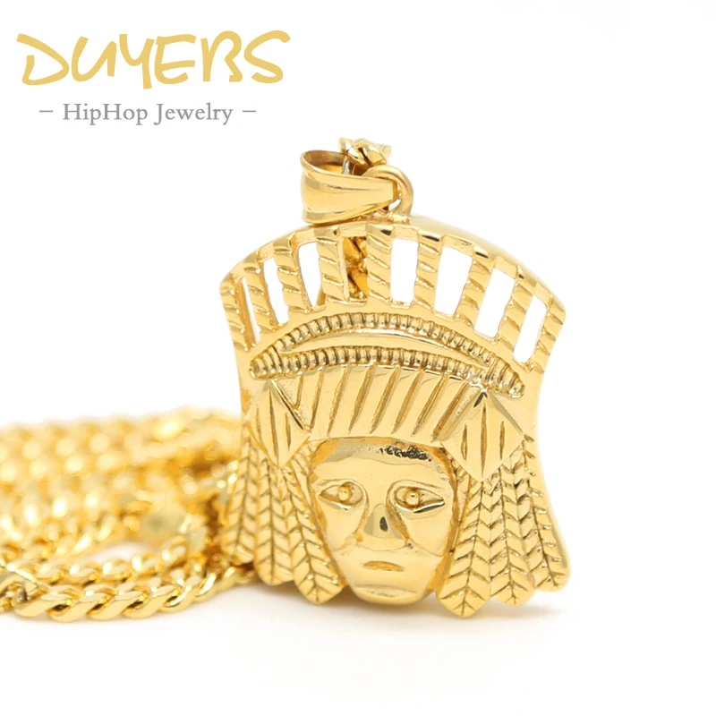 

DUYEBS Indian chief pendant high quality titanium Steel 70cm gold-color long cuba Chain fashion statement necklace men jewelry