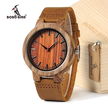 

BOBO BIRD 100% Natural Design Wooden Wristwatch with Brown Genuine Leather Band Japan 2035 Move' Quartz Wood Watch as Gifts