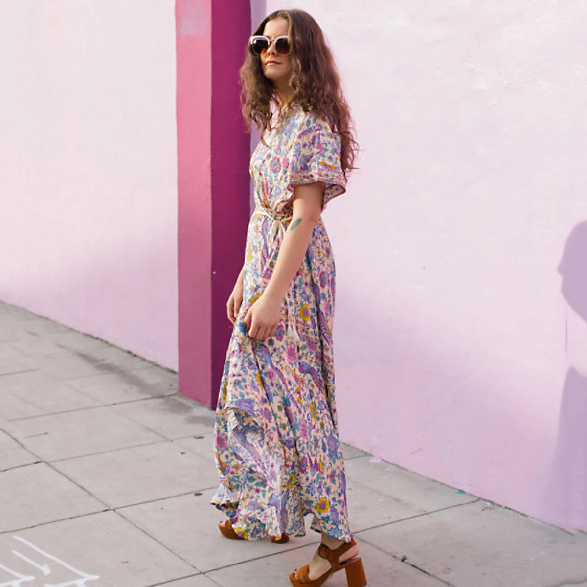 

Jastie Sexy V-Neck Women Dress Lovebird Half Moon Gown Midi Dresses Kimono Sleeves Floral Print Summer Dress Beach Vestidos
