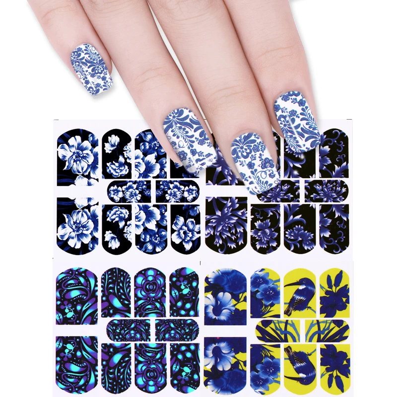 2 шт цветные наклейки для ногтей с цветами, набор полупрозрачных синих и белых цветов для маникюра, переводные наклейки для ногтей, произвольные узоры