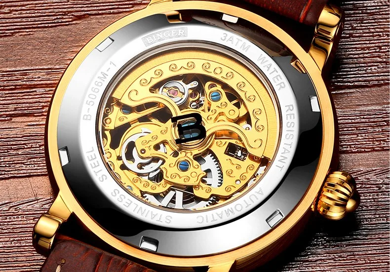 BINGER Luxury Gold Automatic Watches Skeleton Fashion Business Watch Men Mechanical Wristwatch Full Steel relogio masculino