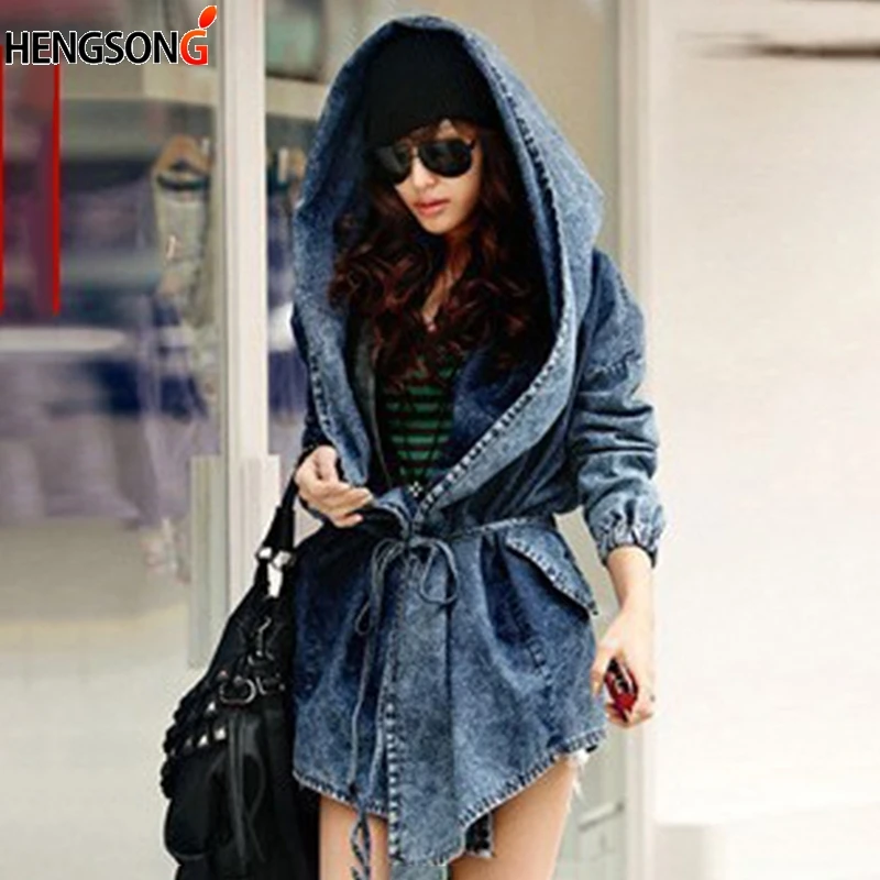 

HENGSONG 2018 New Arrival Denim Outerwear Women Autumn Winter Fashion Denim Windbreaker Women Coats Hooded 740909
