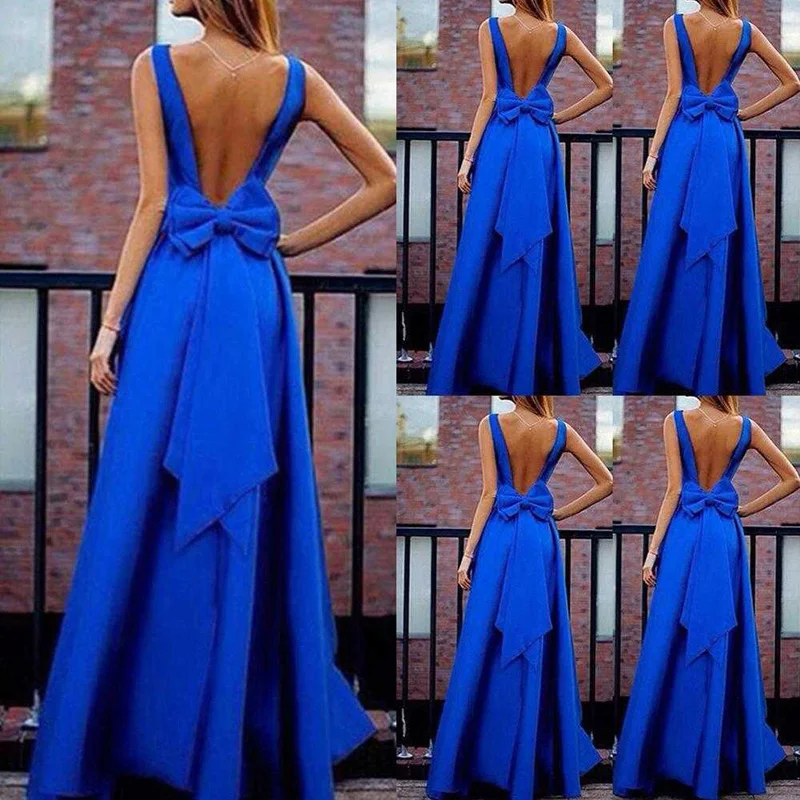 

Women Dress Formal Bow knot Long Dress Prom Summer Sexy Backless A Line Evening Party Dress