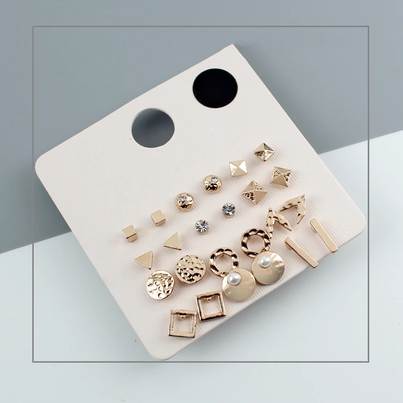 

2019 12 Pcs/Set Crystal Alloy Cube triangle Round Gold Color Stud Earrings Vintage Simulated Pearl Earring Set For Women ABE170