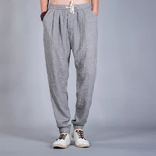 Лето мужские повседневные тонкие льняные брюки Топ хлопковые шаровары эластичные длинные мешковатые брюки