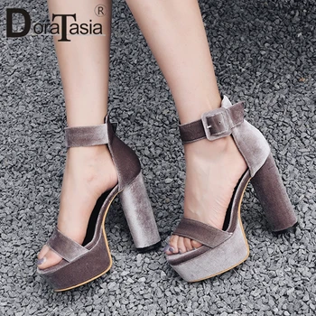 

DORATASIA 2019 Fashion Ankle Strap Flock Sandals Shoes Woman Summer Platform High Heels Pumps Woman Shoes Large Size 32-42