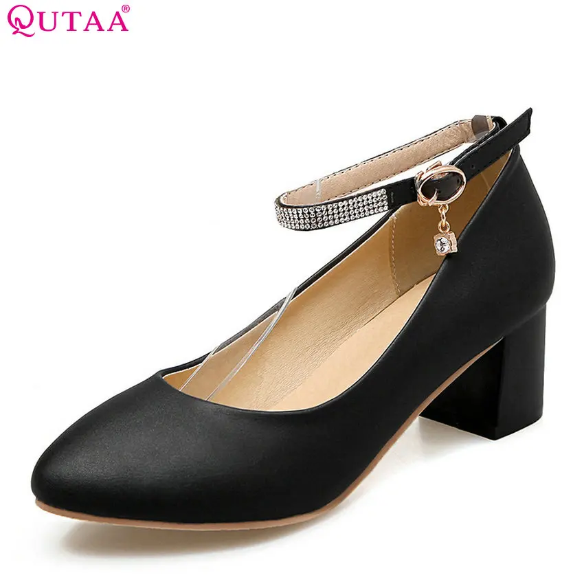 

QUTAA 2018 Women Pumps Fashion Pu Leather Buckle Women Shoes Pointed Toe Wedding Casual Pink Women Casual Shoes Size 34-43