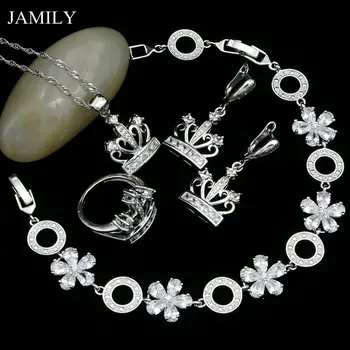 

JAMILY 925 Silver Jewelry Sets For Women Wedding Crown Shape White Cubic Zirconia Earrings/Pendant/Ring/Necklace/Bracelet Set