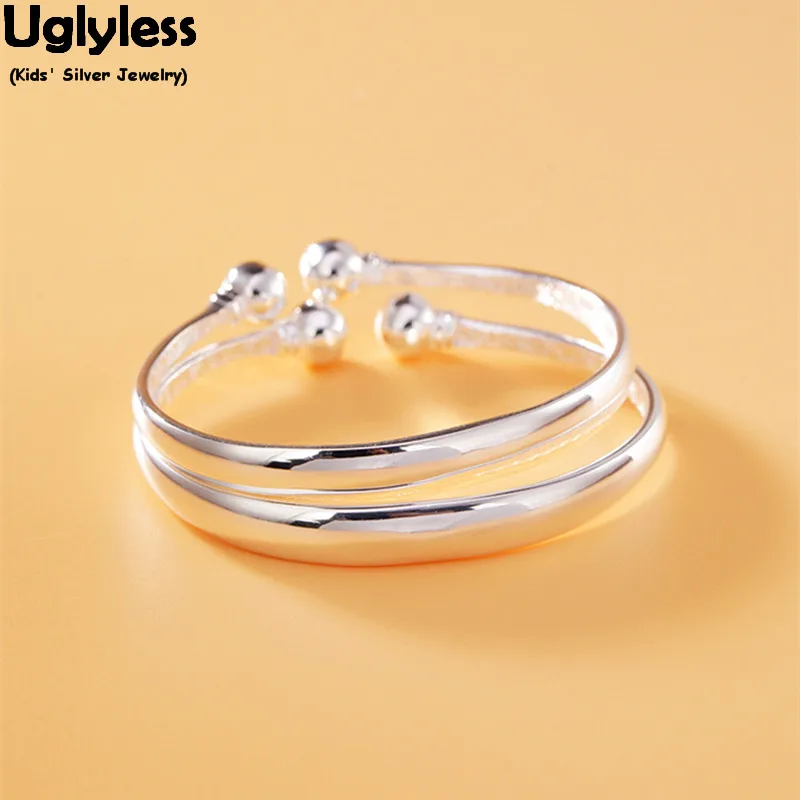 

Uglyless 1Pair Kids Glossy Balls Open Bangles High-end Pure Silver 99.9% Gifts Jewelry for Childrens Adjustable Bracelets Bijoux