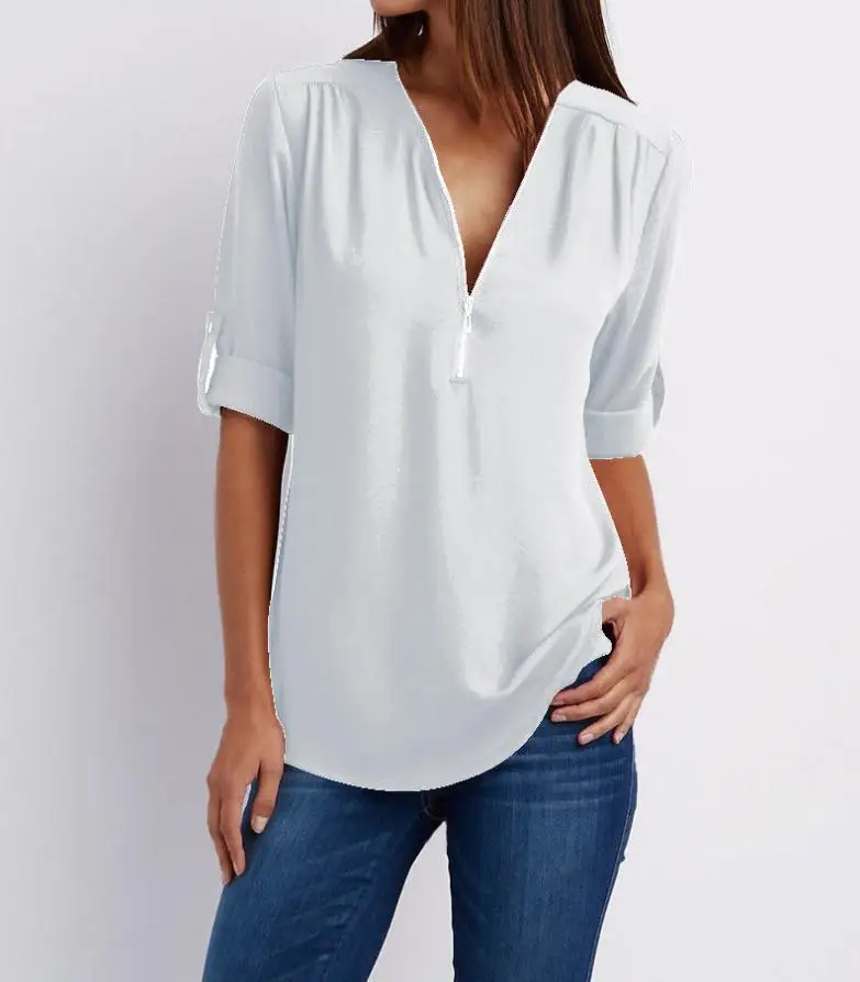 

Mr.nut 2019 V-neck zipper long sleeve loose Office Lady Chiffon Short Spliced Solid shirt