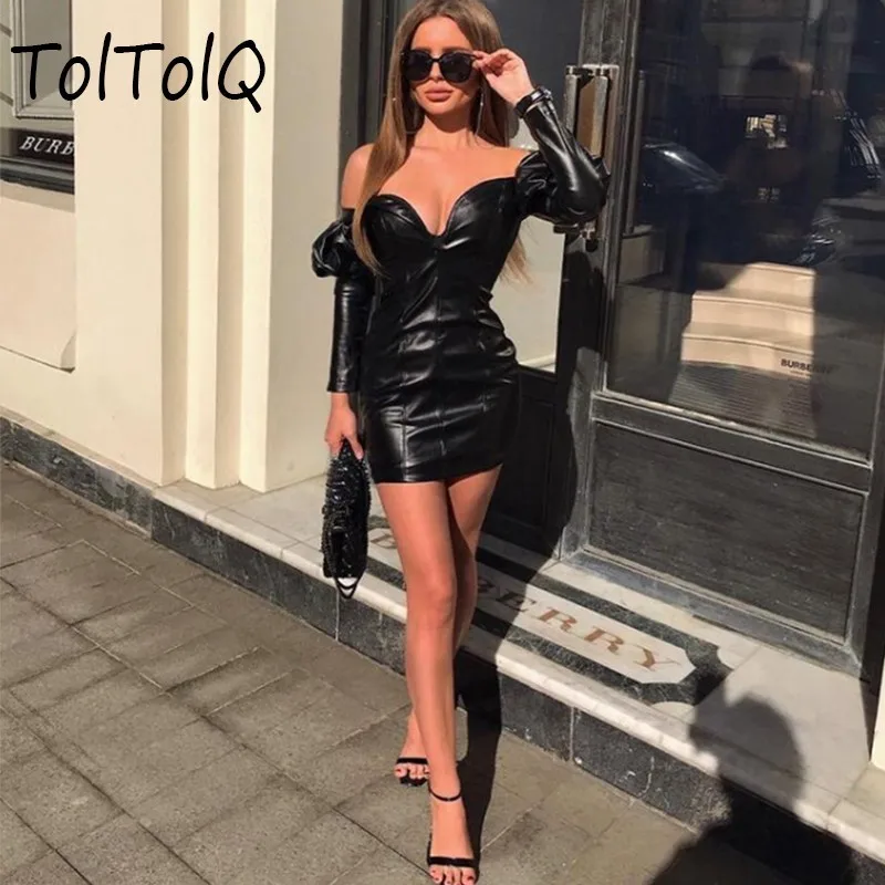

2019 Fashion PU Leather Dress Women V Neck Mini Long Sleeve Strapless Sexy Dress Belt Zipper Winter Black Party Dress Vestido