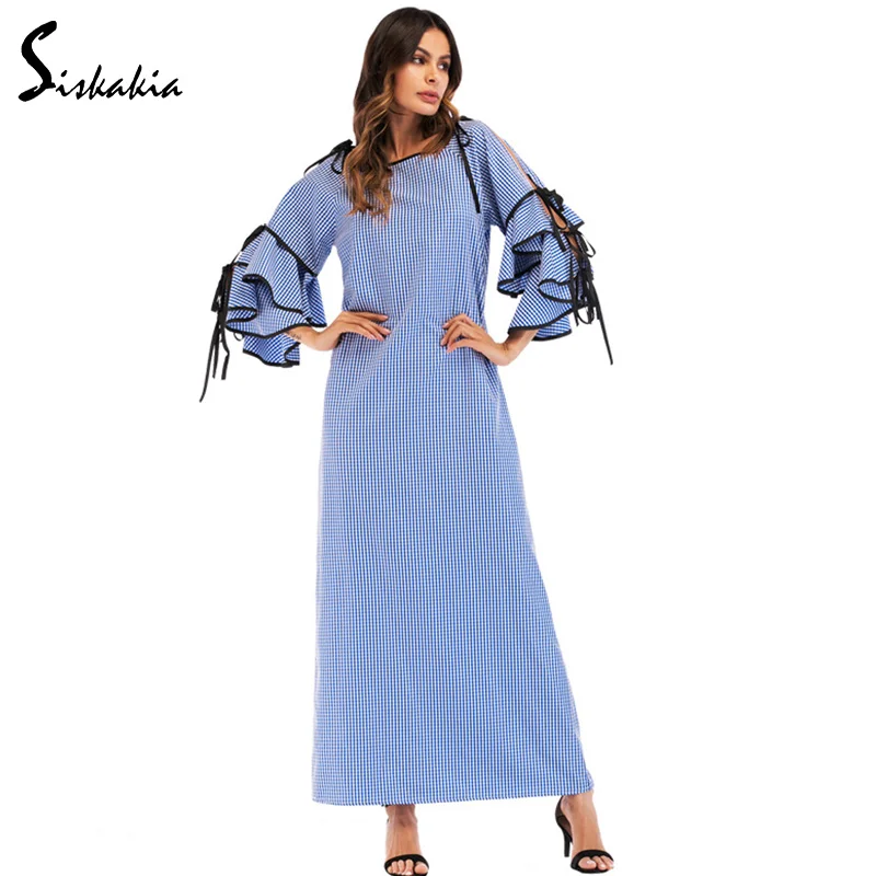 

Siskakia Fashion womens abaya Spring 2018 hollow out bandage Cascading Ruffle design gowns Female plaid stripe slim robes Blue