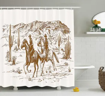 

Western Shower Curtain Country Theme Hand Drawn Illustration of American Wild West Desert with Cowboys Decor Set with Hooks