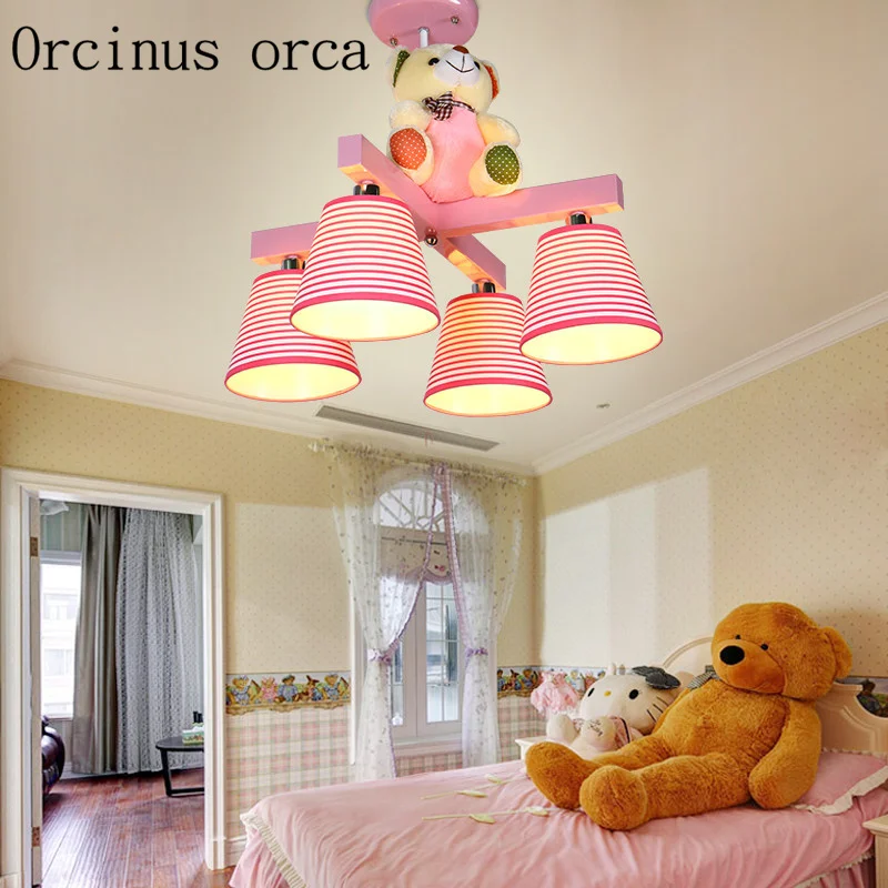 

Cartoon teddy bear chandelier boys and girls bedroom pink lamp warm children's room LED ceiling lamp free shipping