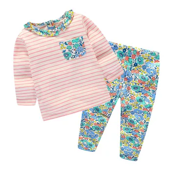 

Little Maven New Spring Autumn Kids Pink Sriped Peter Pan Floral Pants Pocket Cotton Knitted Girls Casual Long-sleeved Sets