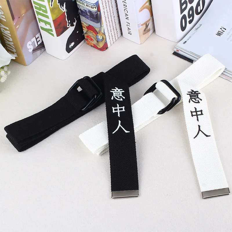 Black White Canvas Belt For Men Women Jeans Chinese Characters Personality Double Ring Buckle Belt Casual white Waistband Z3