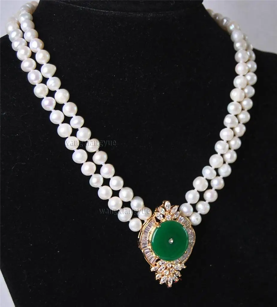Beautiful 2Rows White Pearl Green Jadeite Pendant NecklacePendant