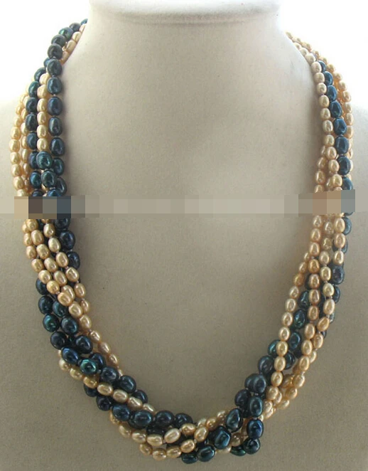 

huij 0033221 6rows freshwater pearl black yellow rice necklace