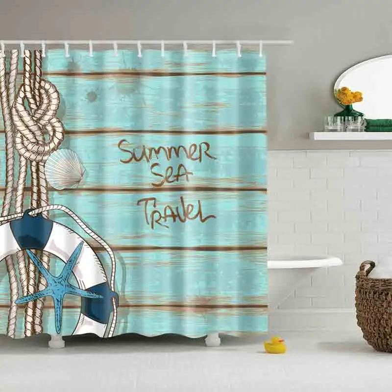 

Summer Sea Swimming ring Retro Wood Shower Curtains Custom Design Creative Shower Curtain Bathroom Waterproof Polyester Fabric