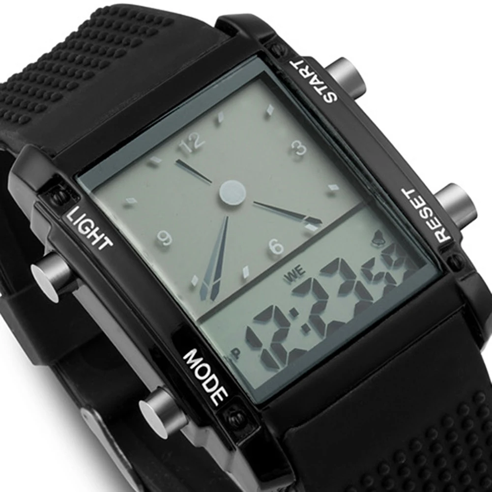 Популярные брендовые роскошные мужские спортивные наручные часы с квадратным циферблатом с двойным циферблатом и будильником, цветной светодиодный дисплей