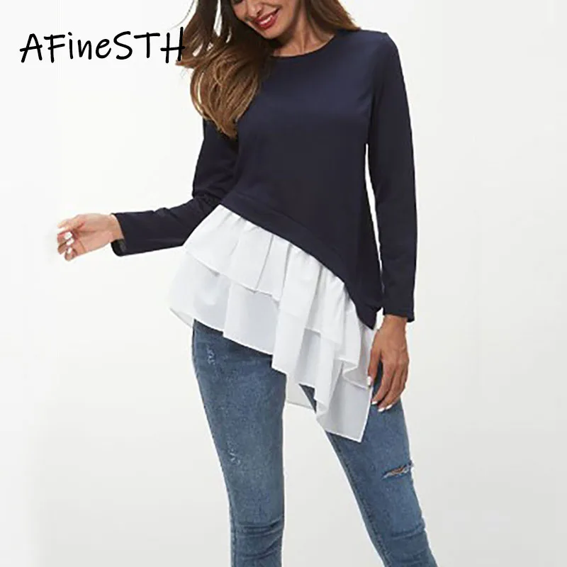 

AFineSTH Ruffles Soild Color Full Sleeve Woman T-shirt Autumn Patchwork Casual Basic Style T-shirt Loose O-neck Spring T-shirt