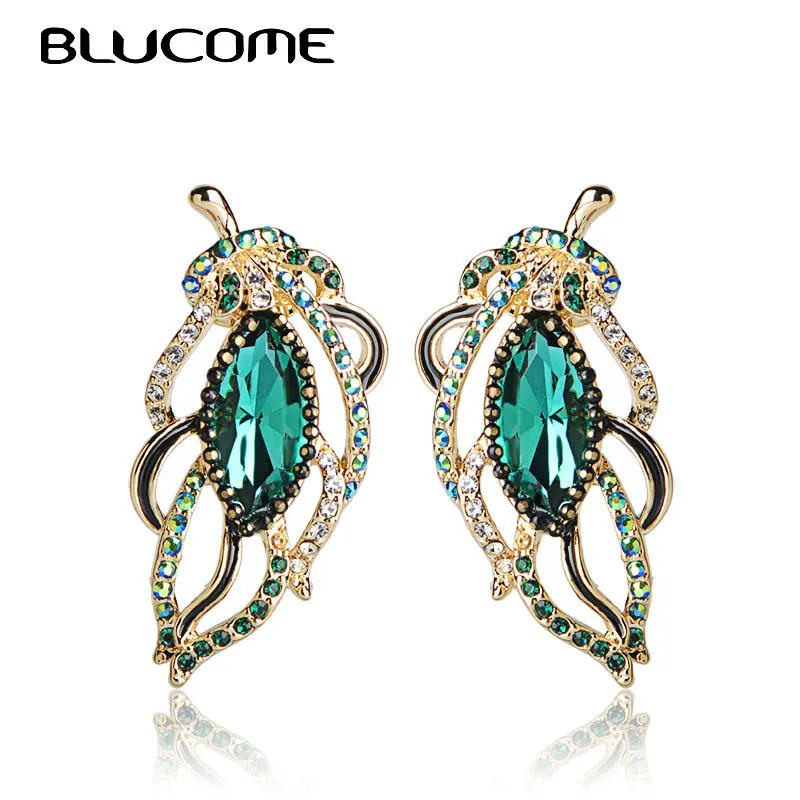 

Blucome Fashion Green Crystal Large Stud Earrings Plant Shape Gold Color Retro Jewelry Women Wedding Party Hanging Earring Gifts