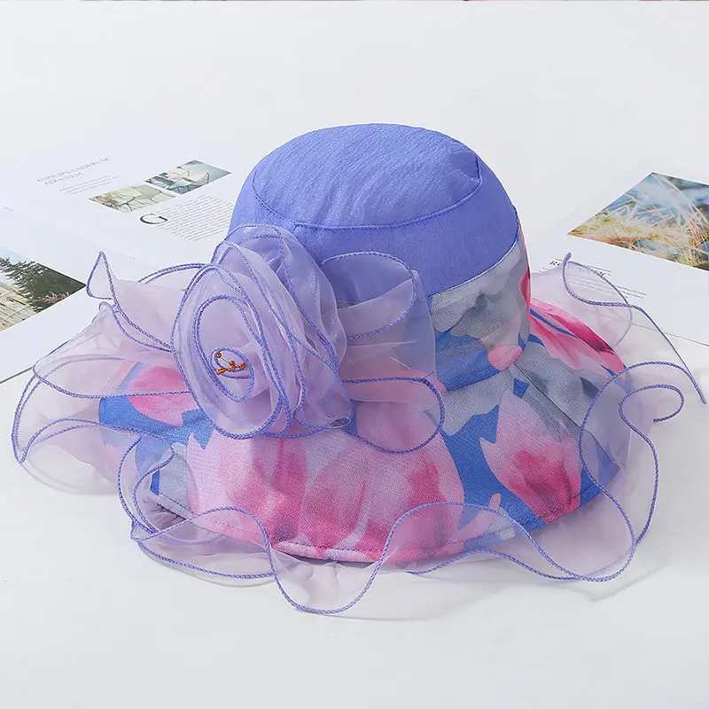 Цветочная женская летняя сетчатая шляпа двухслойная Марля Женская пляжная шапочка для бассейна с широкими волнистыми полями с защитой от ультрафиолетовых лучей в полоску для девочек