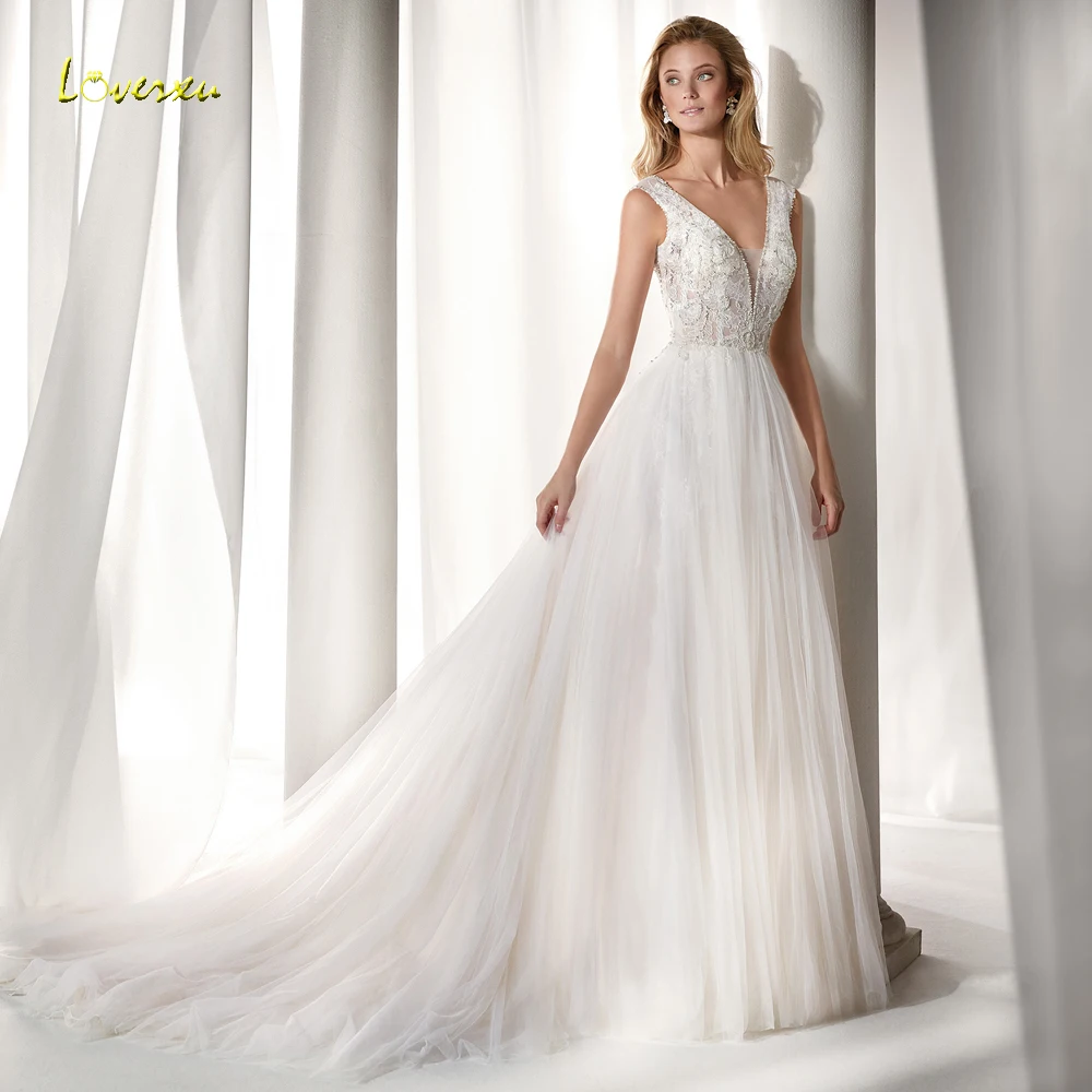 

Loverxu Vestido De Noiva Sexy Illusion A Line Wedding Dresses 2019 Luxury V Neck Court Train Zipper Lace Beaded Bridal Gown