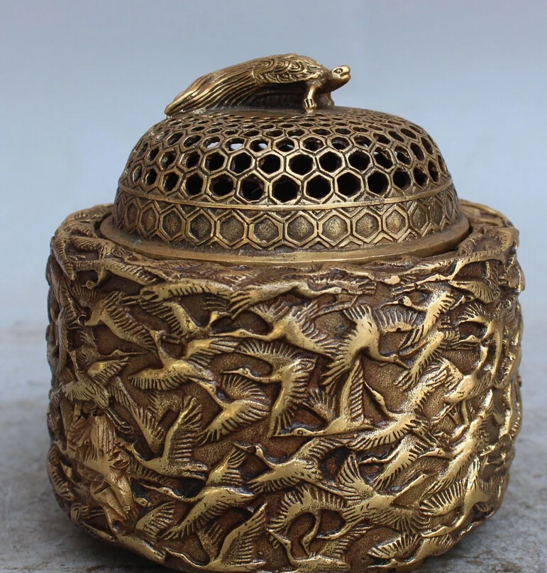 

song voge gem S0009 5" Tibet Brass Buddhism 100 Birds Crane Statue Turtle Box Incense Burner Censer