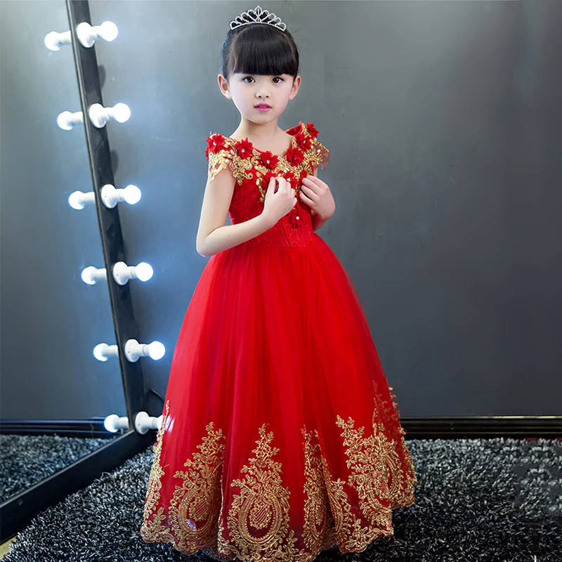 Детское роскошное свадебное платье с цветочным узором для девочек; бальное платье принцессы; вечерние платья; красивый подарок на день рождения; платье-пачка; красный цвет; YY65