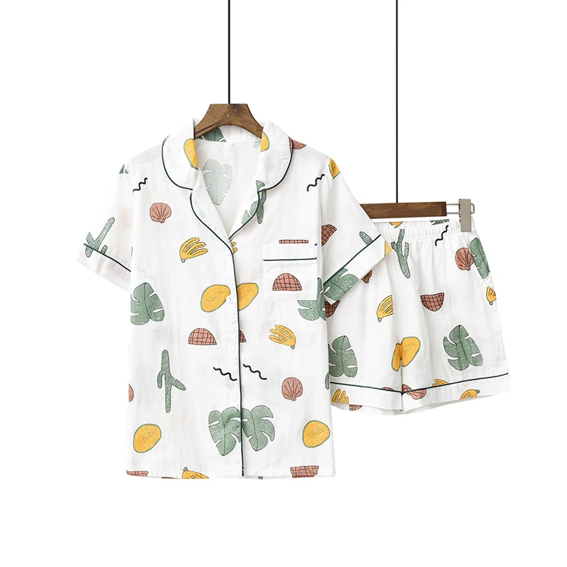 

Cute Cartoon Fruit Printed Women 2Pcs 100%Gauze Cotton Pajamas Set Turn-down Collar Short Sleeve+Shorts Sleepwear Sweet Homewear