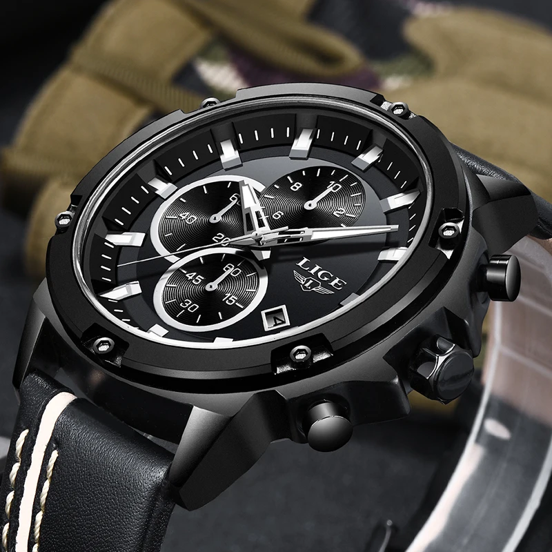 2018 New LIGE Top Watch Men All Black case Casual Leather Quartz Wristwatch Military Waterproof Sopor Watches Relogio Masculino