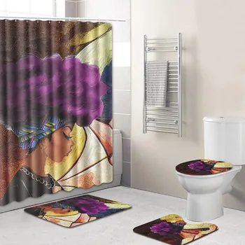 

4PCS Sea Style Non Slip Toilet Set Polyester African girl pattern Pedestal Rug + Lid Toilet Cover + Bath Mat+Shower curtain L610