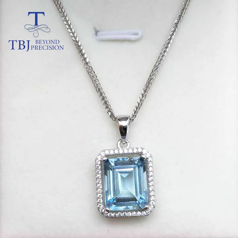 

TBJ ,natural 7.5ct emerald cut 10*12mm blue topaz gemstone pendant with chains in 925 sterling silver with gift box