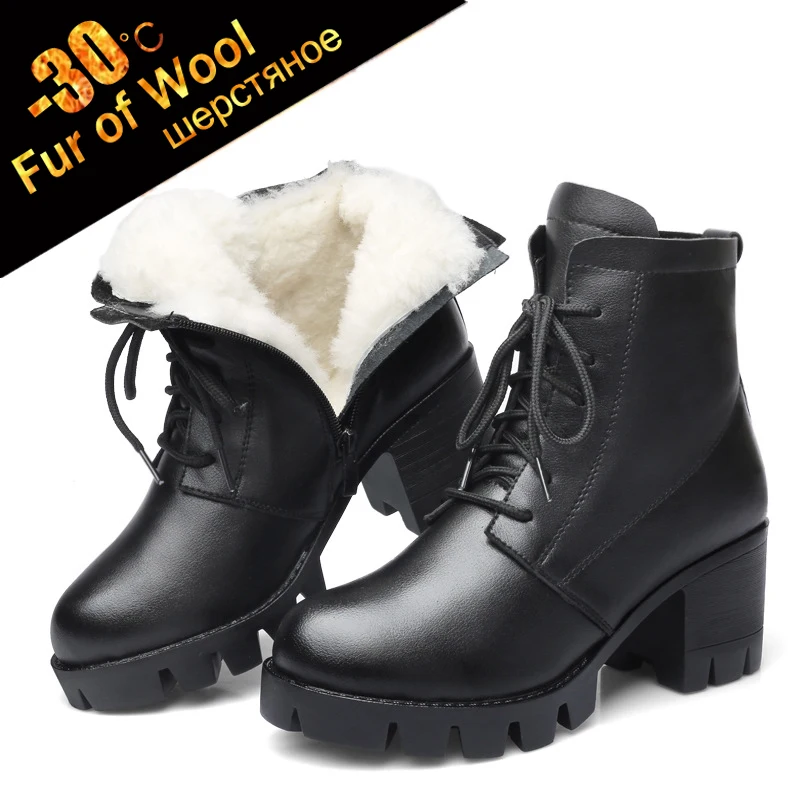 

-30℃ Wool Fur warm Cow Leather ankle boots women winter Genuine Leather platform botas 2019 lace up plush high heel snow shoes