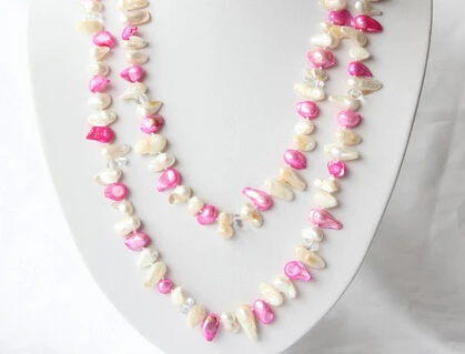 

huij 002033 classic long 50" white pink biwa freshwater pearl crystal necklace
