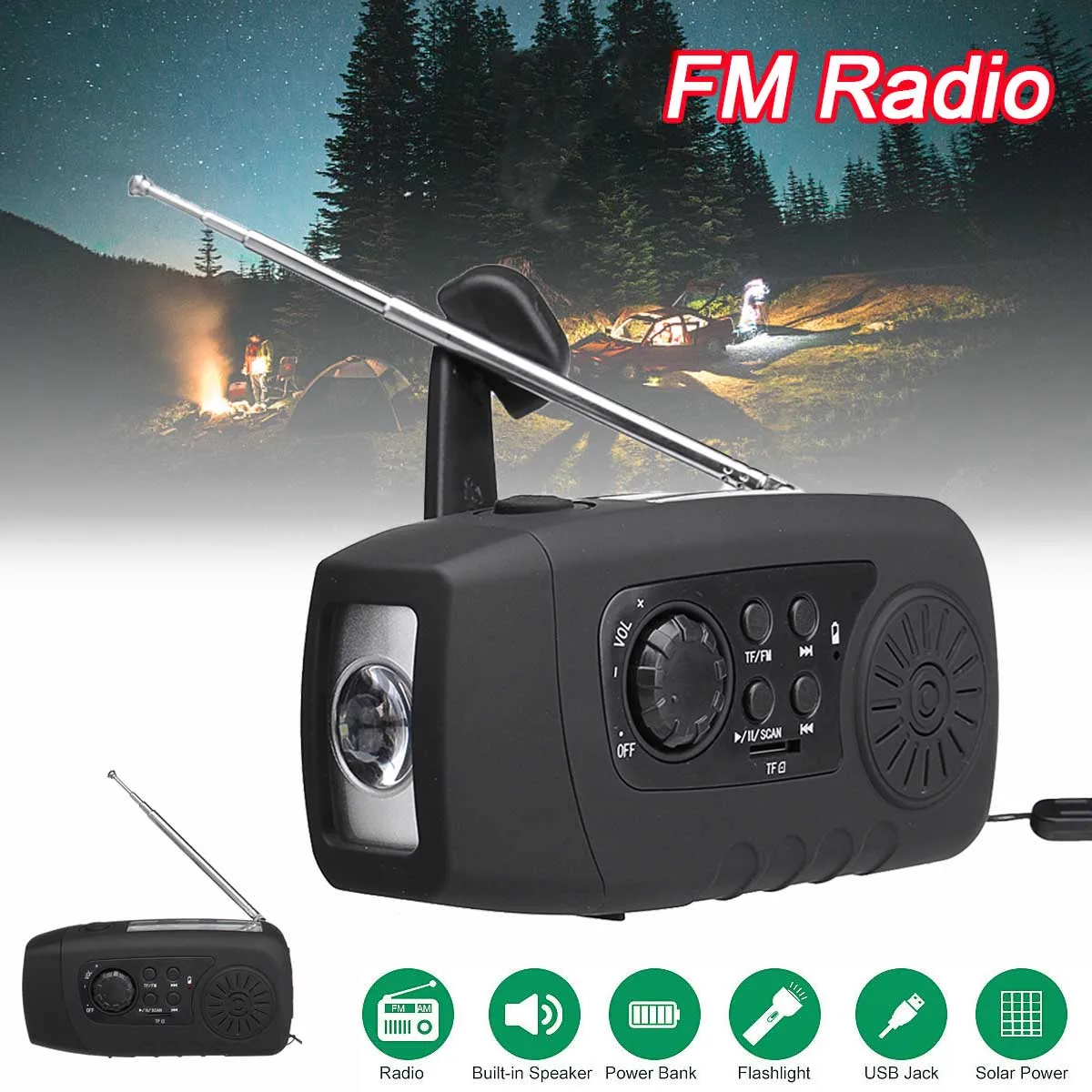 

NEW Arrival 3 In 1 Solar/Crank Power FM/TF Radio LED Flashlight Emergency 2000mAh Power Bank Phone Charger Camping Tool