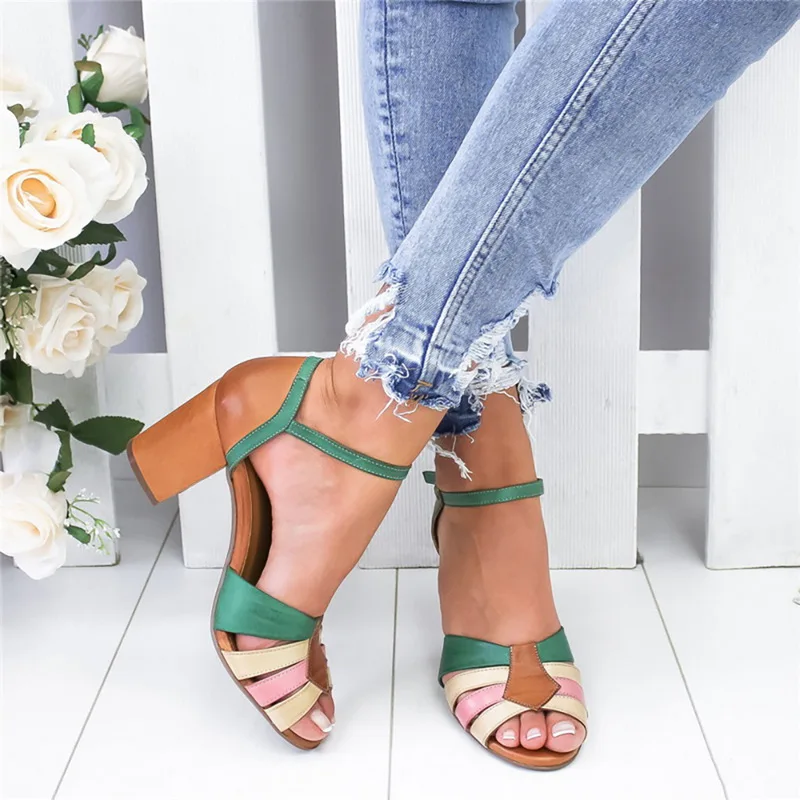 

Oeak Sandalias Mujer Strap Heel Peep Toe Chunky Heel Sandals Slip On Elastic Bandage Sandals Women Pumps New Dropshipping 2019