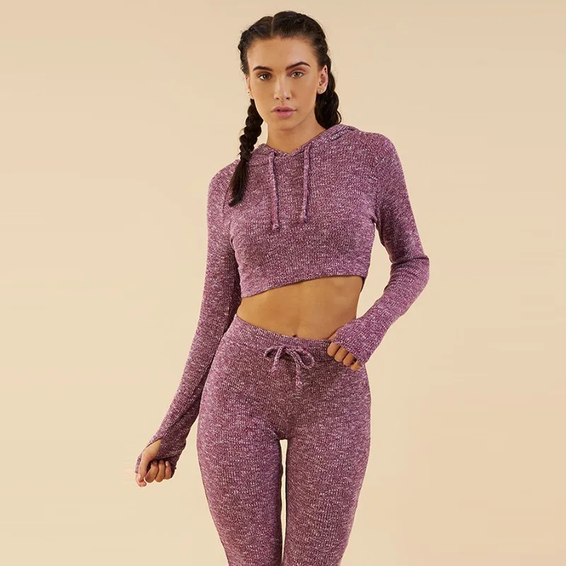 2019 Women Knitted Sports Suit Set Navel Bare Cropped Hooded Tops ...