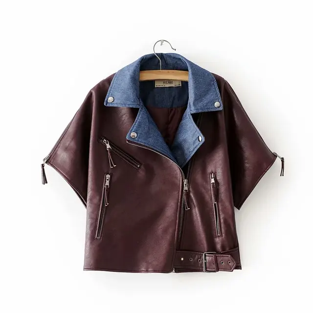 2018 Short Sleeve Spring Autumn PU Leather Jacket Casual Slim Soft Moto Faux Leather Jacket