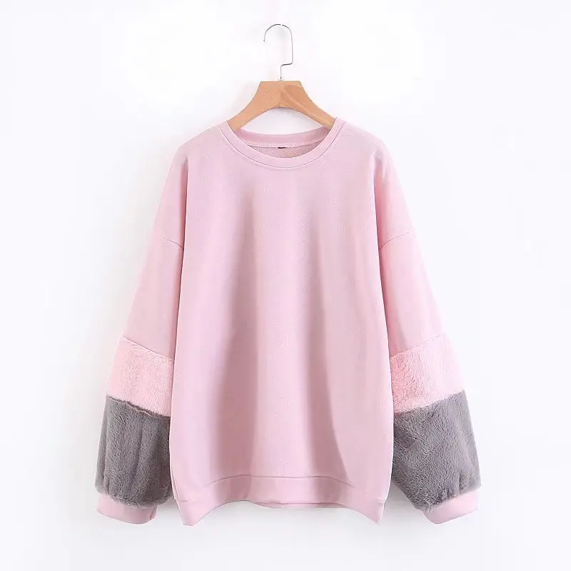 Cute Preppy Pink Gray Patchwork Autumn Warm Women Sweatshirt Lantern Sleeve Girl Pullover Lady 