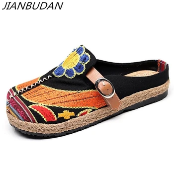 

JIANBUDAN Casual comfortable flat linen women's slippers Ethnic style cloth shoes Non-slip canvas female slippers Size plus 44