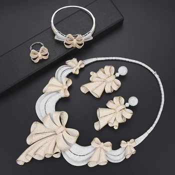 

Deluxe Bowknot Cubic Zirconia Nigeria Jewelry Sets For Women Necklace Earrings Bracelet Rings Jewelry Set bijoux africains dubai